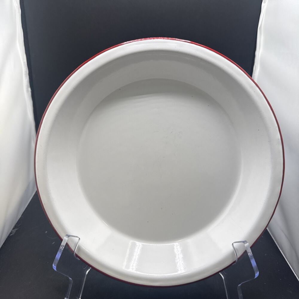 Vintage White Red Rim Enamelware Dinner Plate Farmhouse Camp Rustic 9.5 Inches